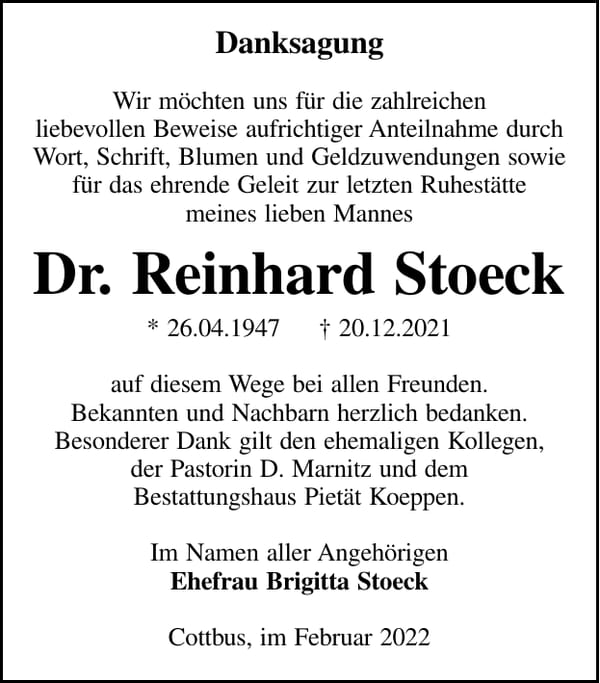 Danksagung Dr. Reinhard Stoeck