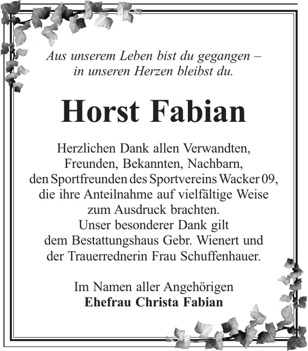 Danksagung Horst Fabian