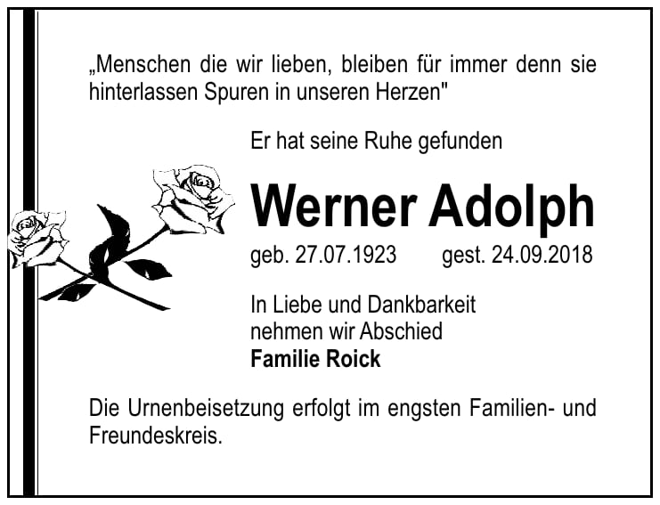 Traueranzeige Werner Adolph