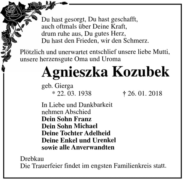 Traueranzeige Agnieszka Kozubek, geb. Gierga