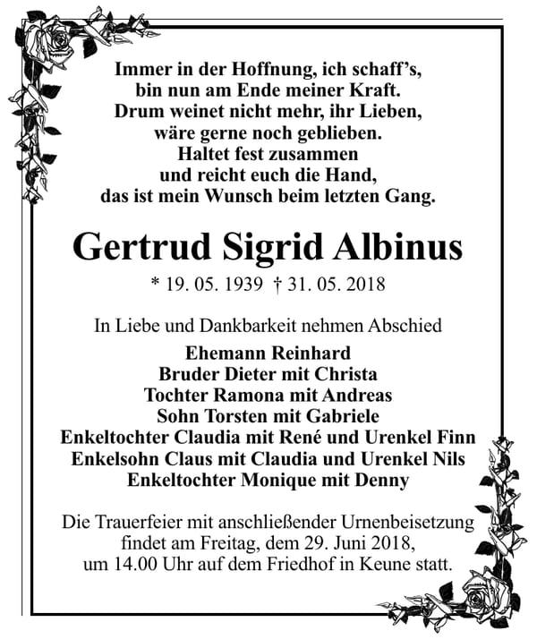 Traueranzeige Gertrud Sigrid Albinus