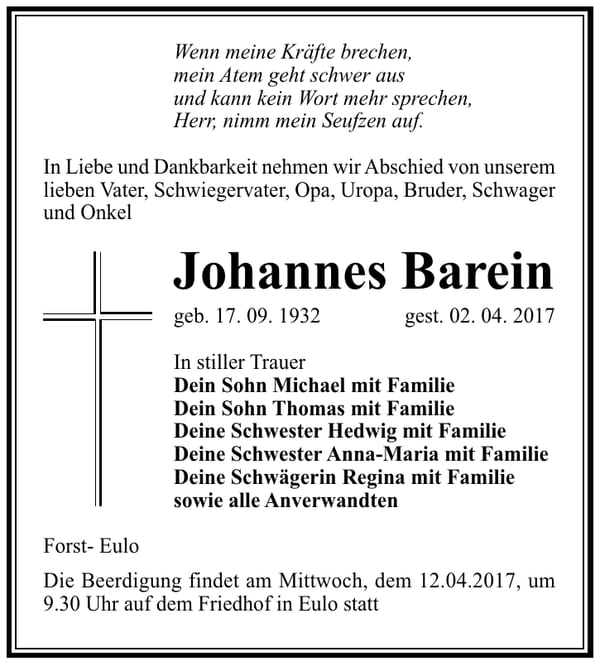 Traueranzeige Johannes Barein