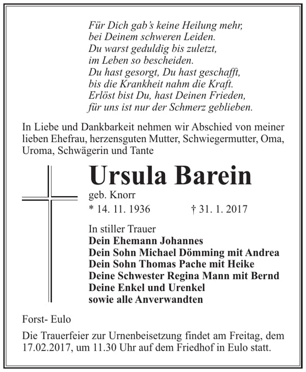 Traueranzeige Ursula Barein, geb. Knorr