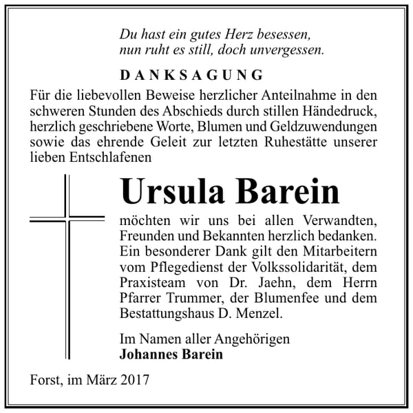 Danksagung Ursula Barein