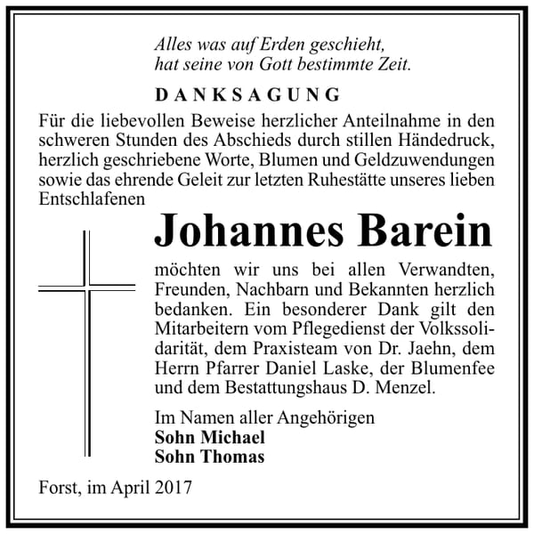 Danksagung Johannes Barein