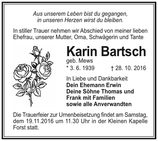 Traueranzeige Karin Bartsch, geb. Mews