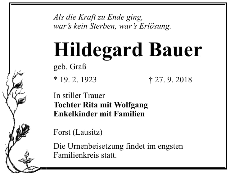 Traueranzeige Hildegard Bauer, geb. Graß