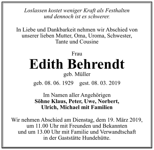 Traueranzeige Edith Behrendt, geb. Müller