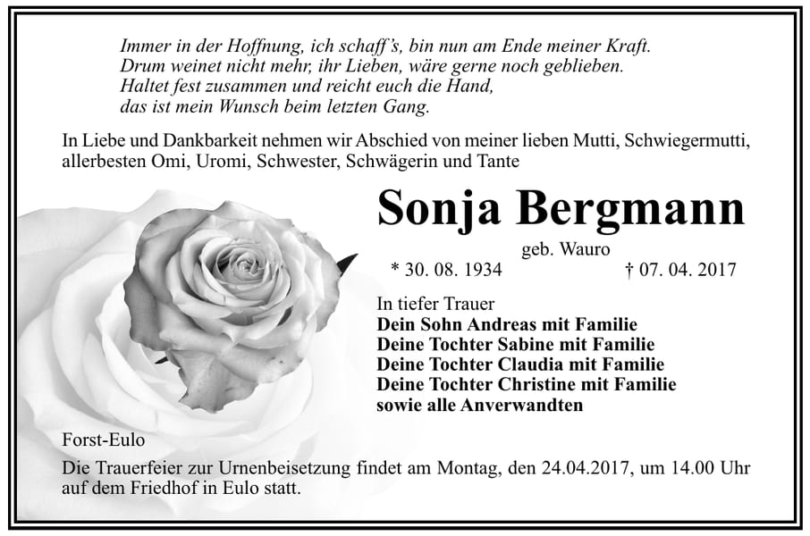 Traueranzeige Sonja Bergmann, geb. Wauro
