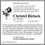 Danksagung Christel Birlack, geb. Schindler