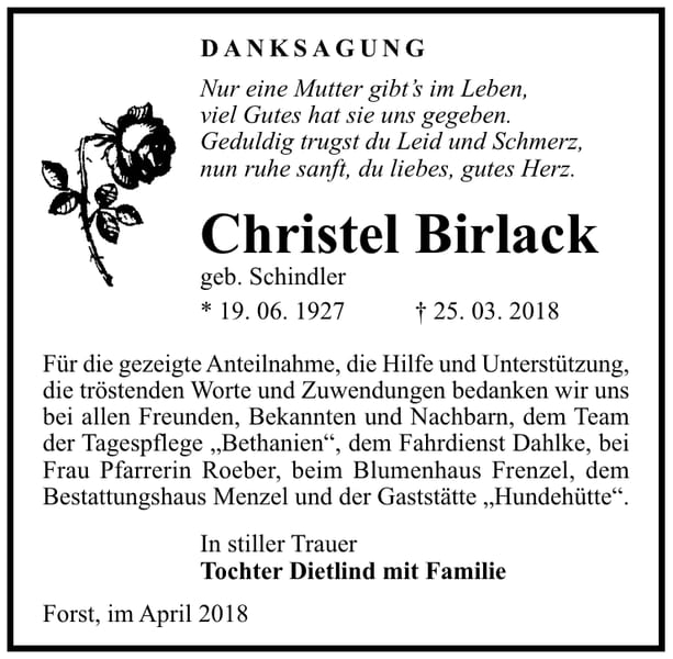 Danksagung Christel Birlack, geb. Schindler
