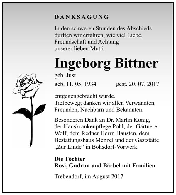 Danksagung Ingeborg Bittner, geb. Just