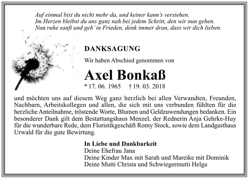 Danksagung Axel Bonkaß