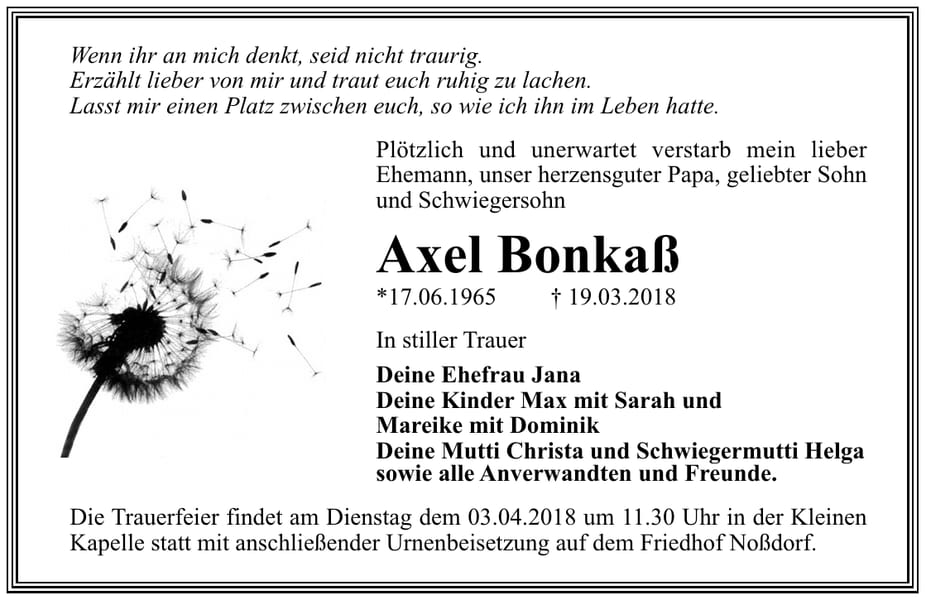 Traueranzeige Axel Bonkaß