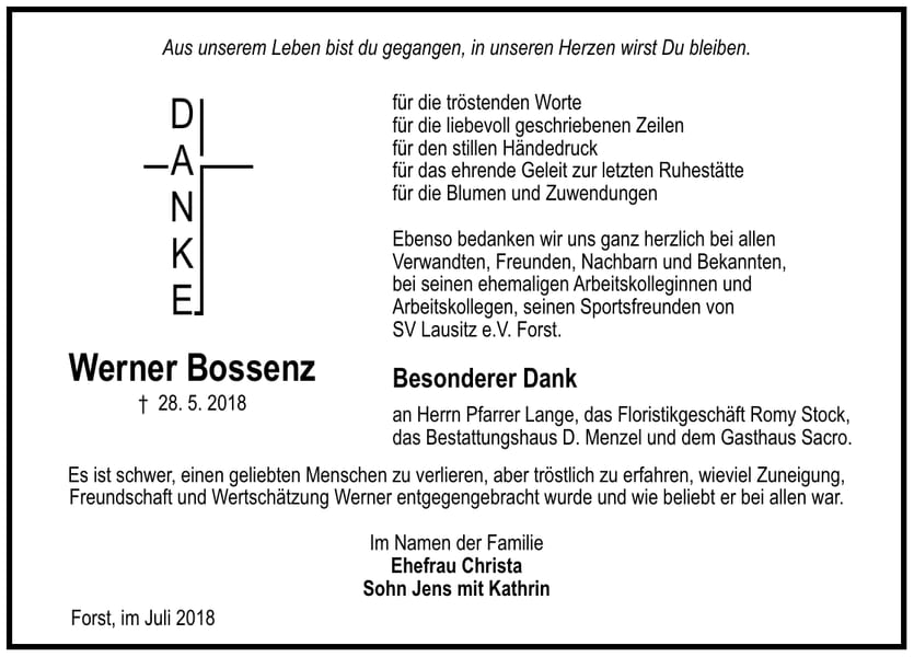 Danksagung Werner Bossenz