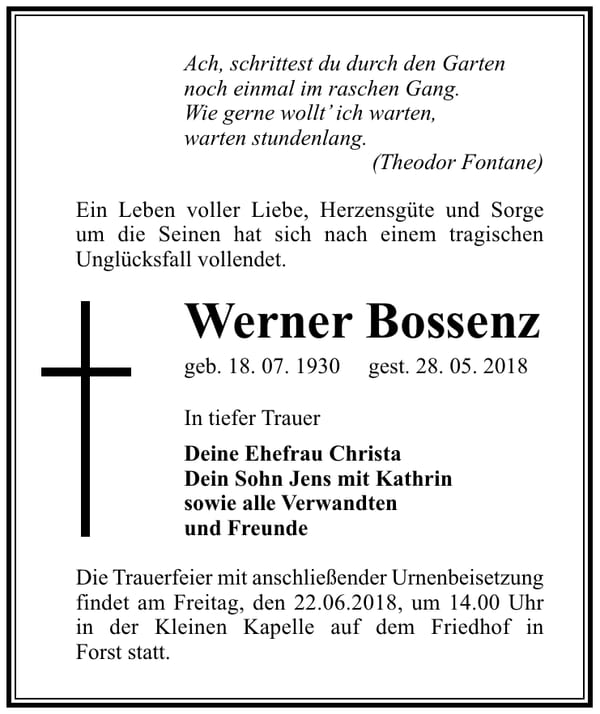 Traueranzeige Werner Bossenz