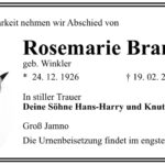 Traueranzeige Rosemarie Brandtstäter, geb. Winkler