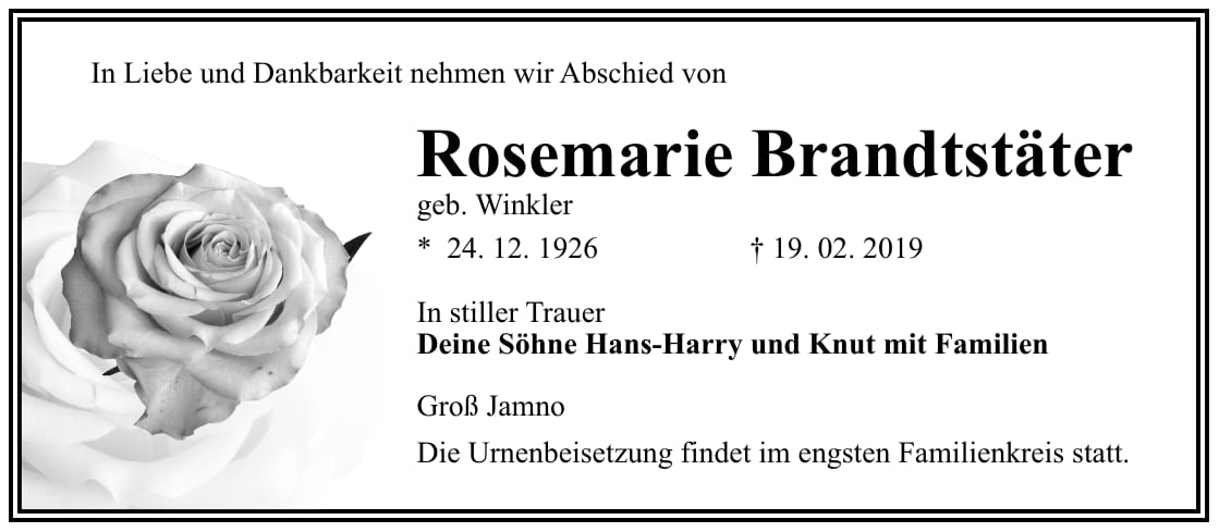 Traueranzeige Rosemarie Brandtstäter, geb. Winkler