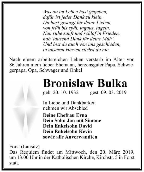 Traueranzeige Bronislaw Bulka