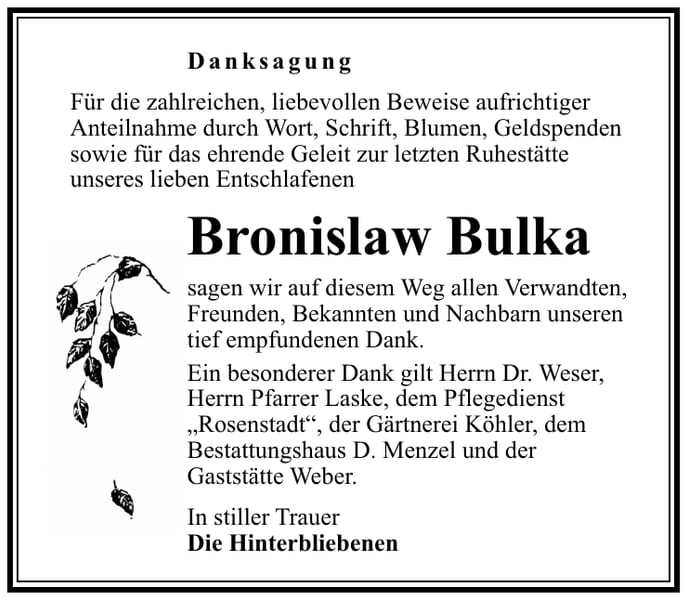 Traueranzeige Bronislaw Bulka