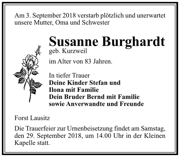 Traueranzeige Susanne Burghardt, geb. Kurzweil