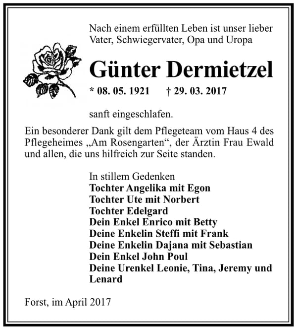 Danksagung Günter Dermietzel