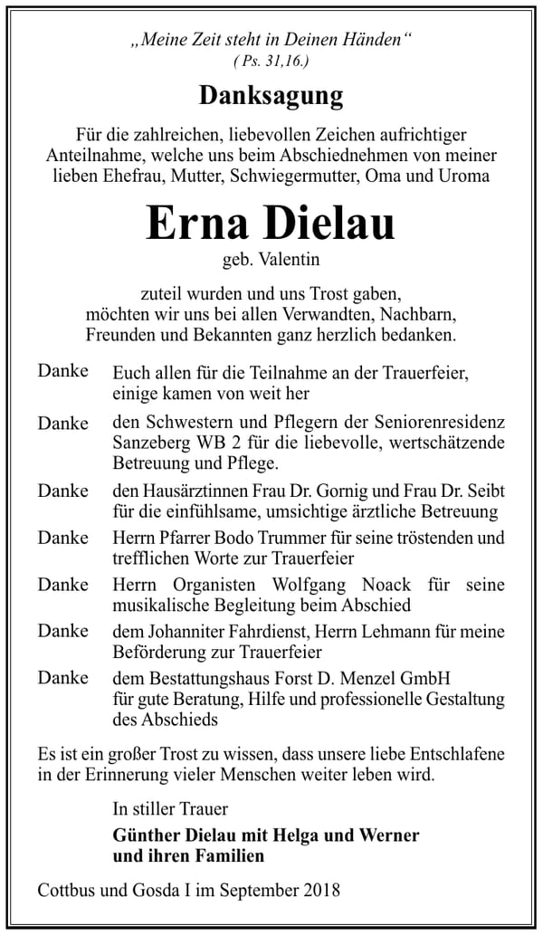 Danksagung Erna Dielau, geb. Valentin