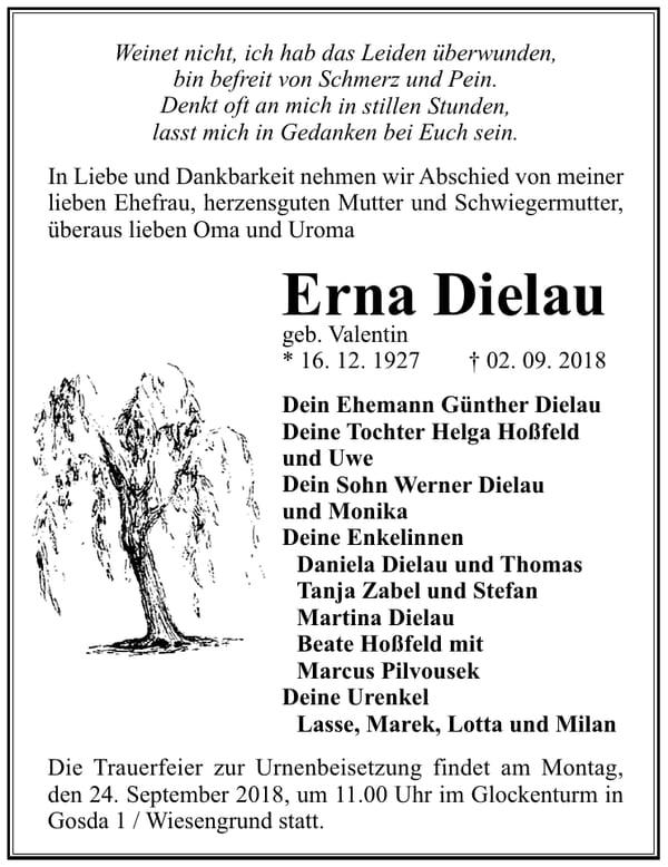 Traueranzeige Erna Dielau, geb. Valentin