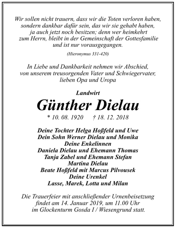 Traueranzeige Günther Dielau