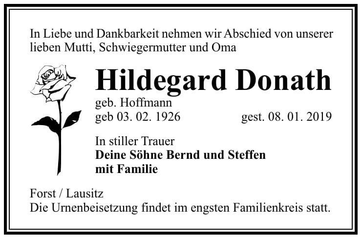 Traueranzeige Hildegard Donath, geb. Hoffmann