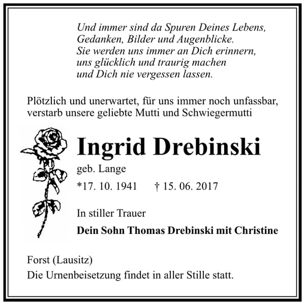 Traueranzeige Ingrid Drebinski, geb. Lange