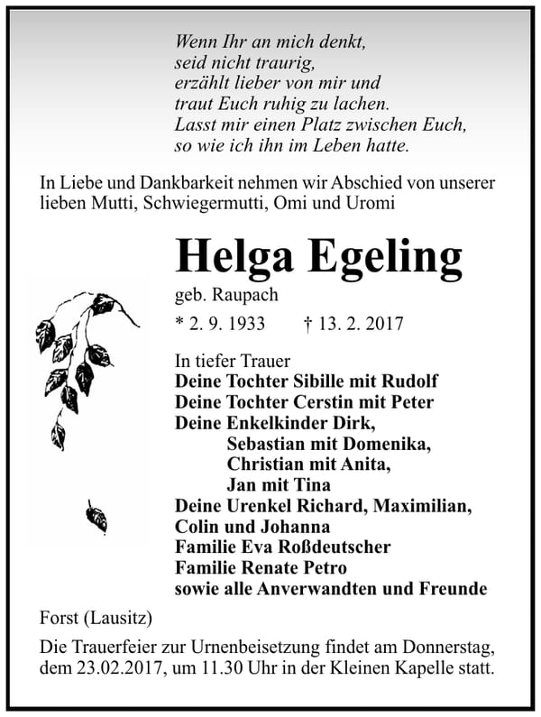 Traueranzeige Helga Egeling, geb. Raupach