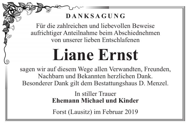 Traueranzeige Liane Ernst