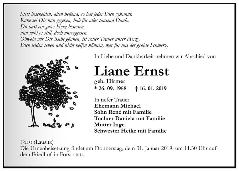 Traueranzeige Liane Ernst, geb. Hirmer