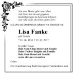 Traueranzeige Lisa Fanke, geb. Schulz