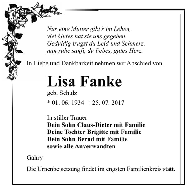 Traueranzeige Lisa Fanke, geb. Schulz
