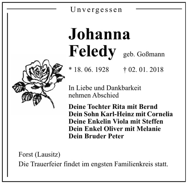 Traueranzeige Johanna Feledy, geb. Goßmann