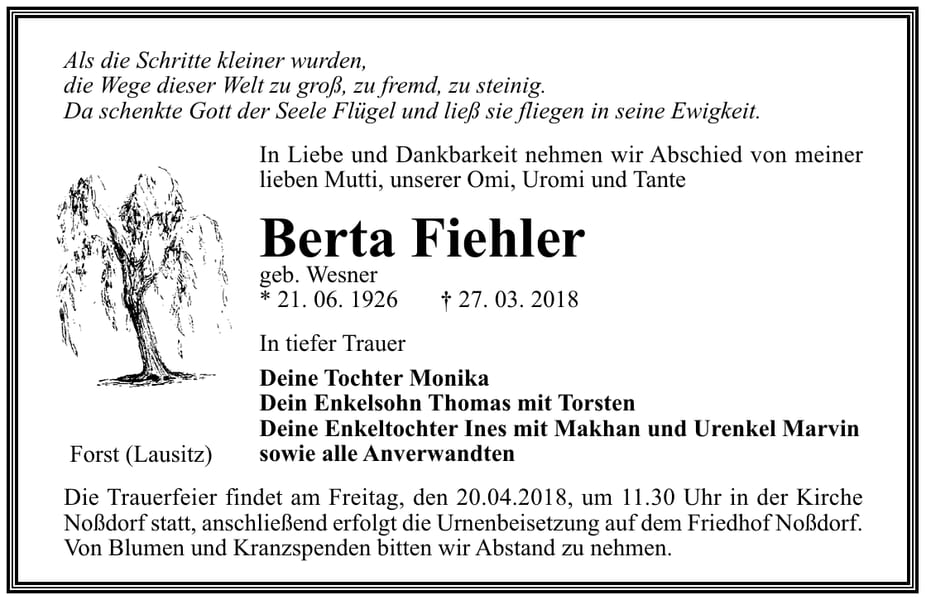Traueranzeige Berta Fiehler, geb. Wesner