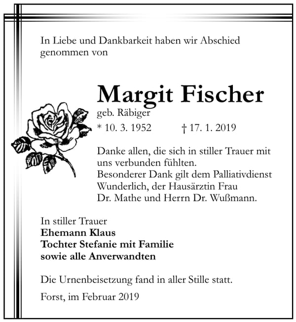 Traueranzeige Margit Fischer, geb. Räbiger
