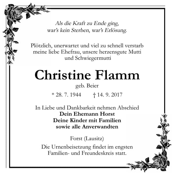 Traueranzeige Christine Flamm, geb. Beier