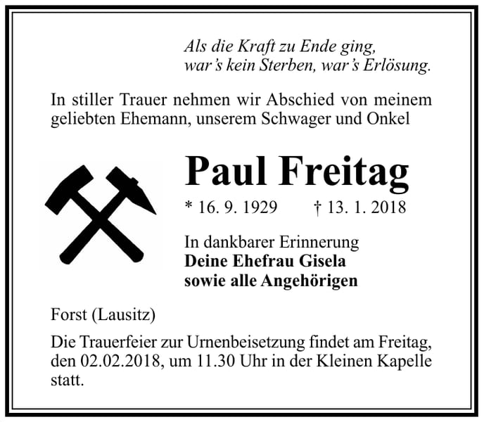 Traueranzeige Paul Freitag