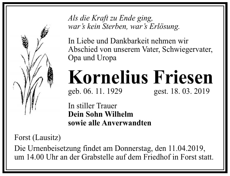 Traueranzeige Kornelius Friesen