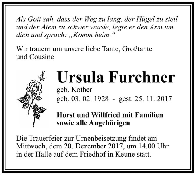 Traueranzeige Ursula Furchner, geb. Kother