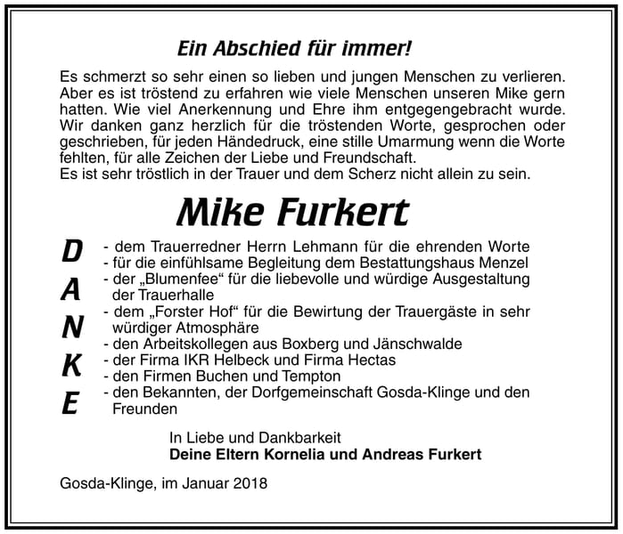 Danksagung Mike Furkert