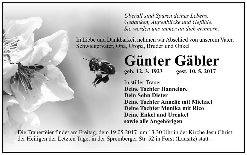 Traueranzeige Günter Gäbler