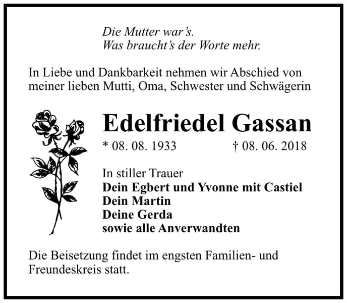 Traueranzeige Edelfriedel Gassan