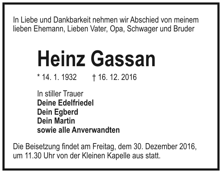Traueranzeige Heinz Gassan