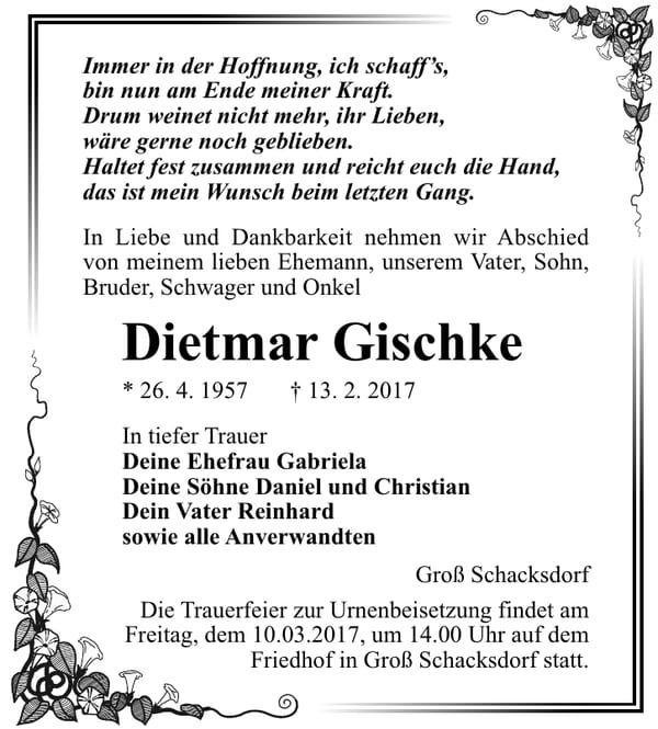 Traueranzeige Dietmar Gischke