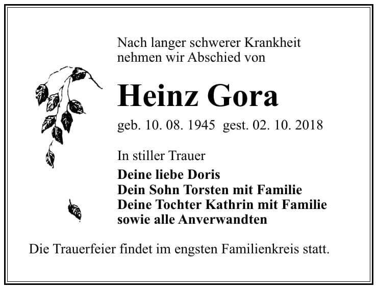 Traueranzeige Heinz Gora