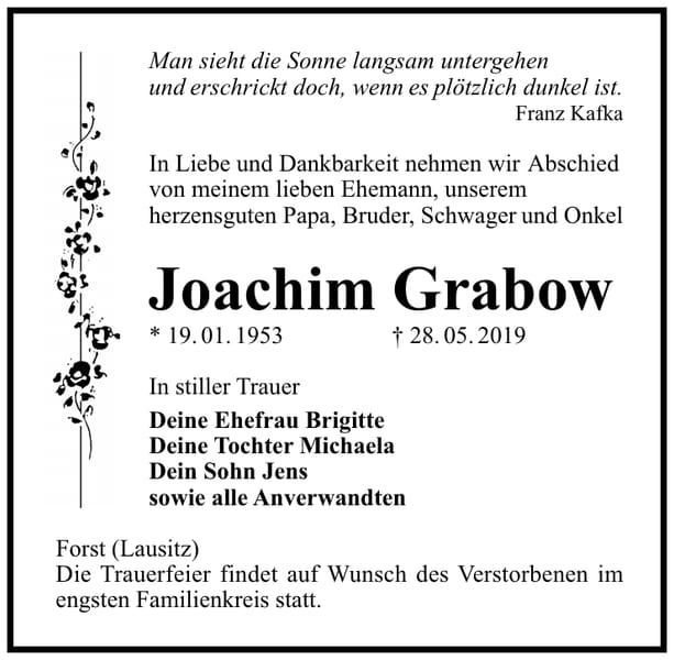 Traueranzeige Joachim Grabow